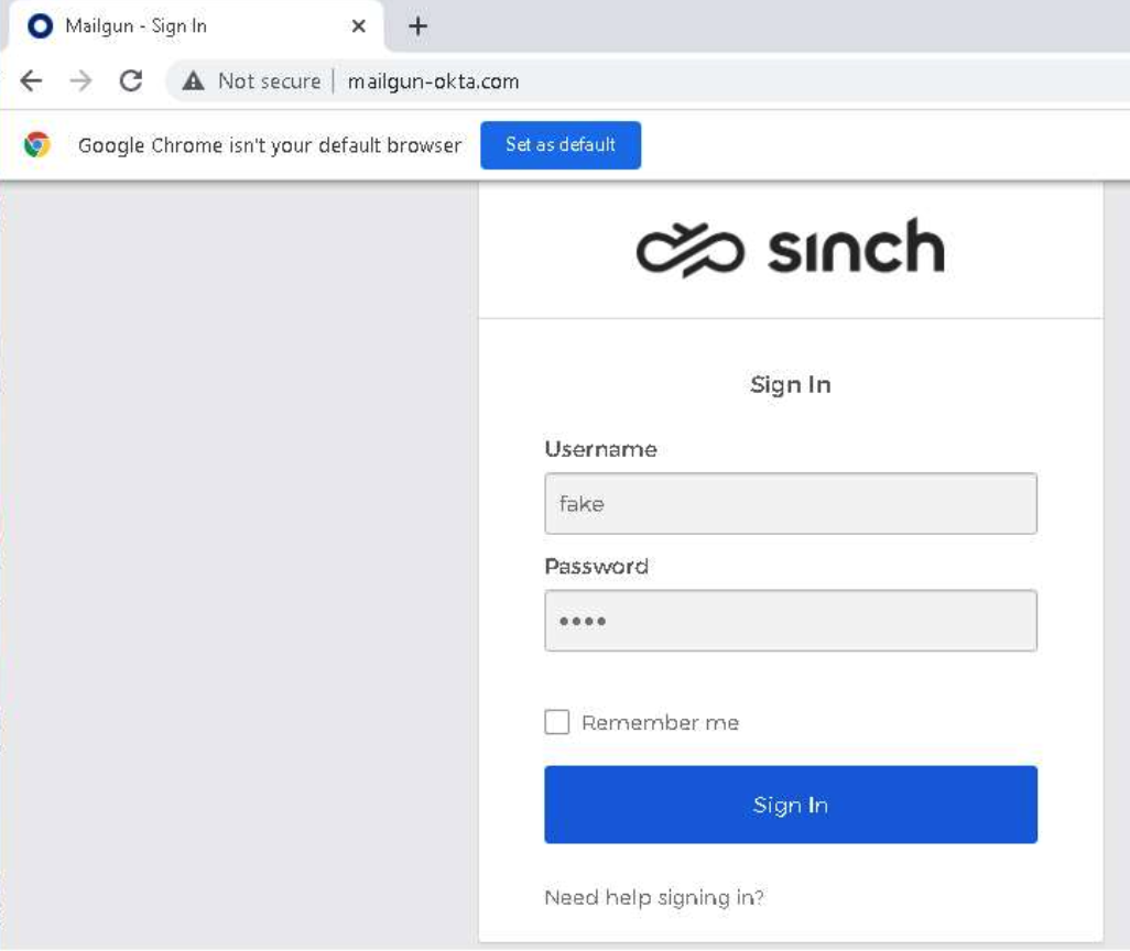 Fake Sinch login page with unsecure domain