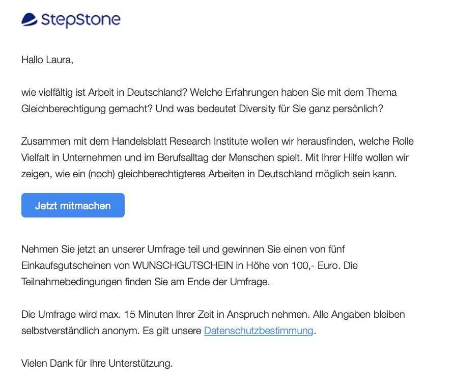 Beispiel einer Feedback E-Mail von StepStone