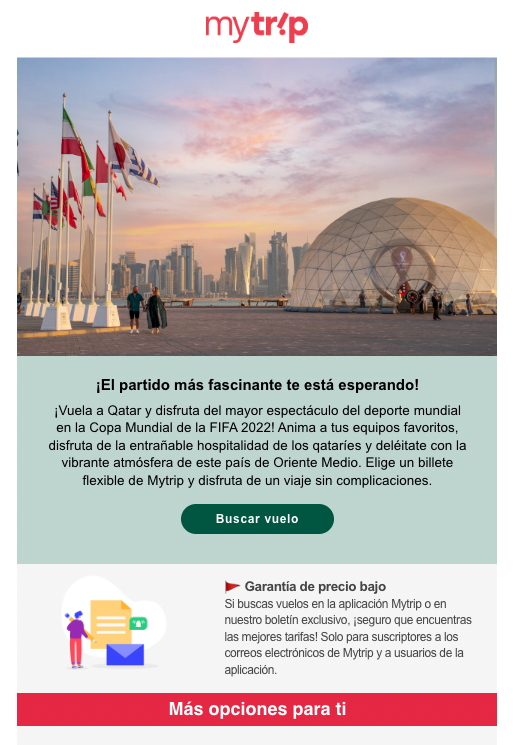 Ejemplo de newsletter de mytrip aprovechando para promocionar vuelos relacionados con el Mundial de Qatar 2022.