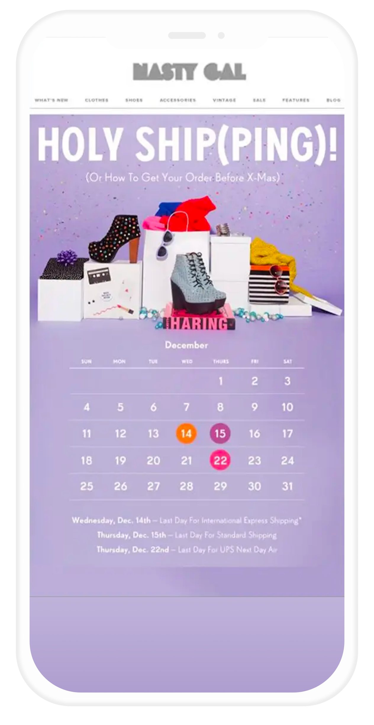 Email de Nasty Gal con un calendario con fechas clave