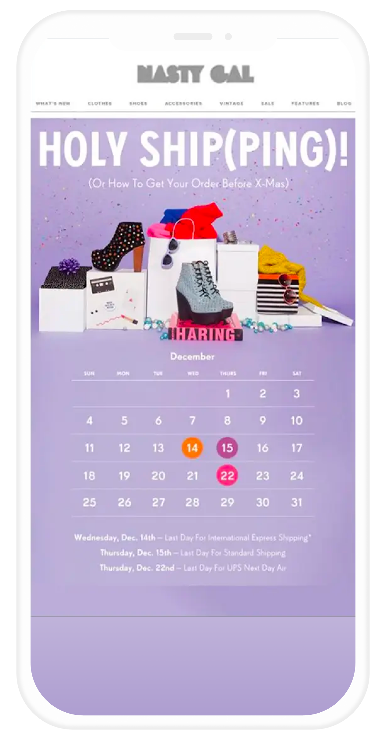 Nasty Gal email with calendar reminder