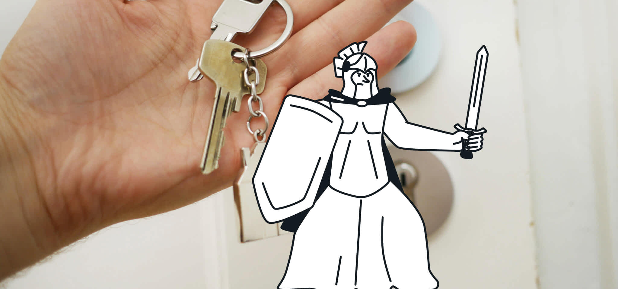Armored goddess in front of hand with keys