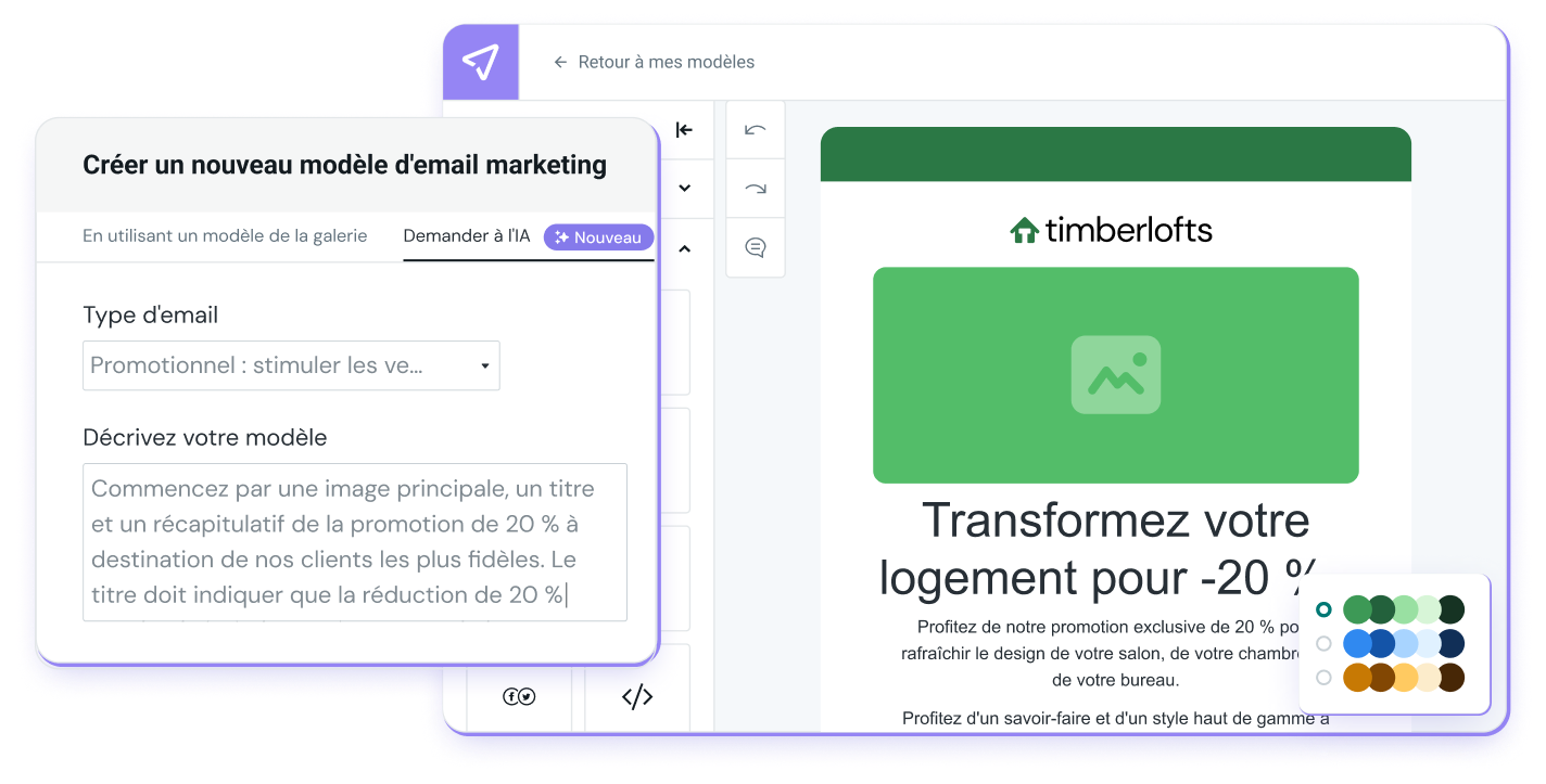 Une illustration présentant une invite de commande et une description de modèle d’email, transformé en email grâce au générateur de modèles par IA de Mailjet