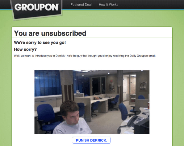 Email de cancelación de suscripción de Groupon en el que te permite “castigar” a su empleado.