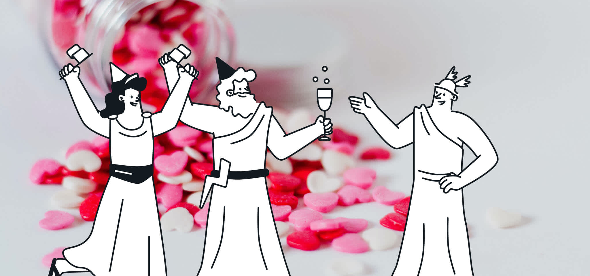 Des dieux qui font la fête avec des cœurs de bonbons rouges, blancs et roses en arrière-plan.