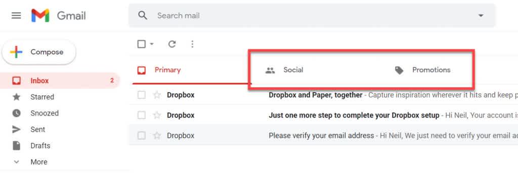 Gmail inbox highlighting the social and promotions tabs