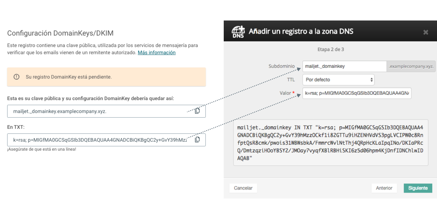 Ejemplo de cómo utilizar la información de DKIM que se encuentra en Mailjet para configurar DKIM en un proveedor de alojamiento.