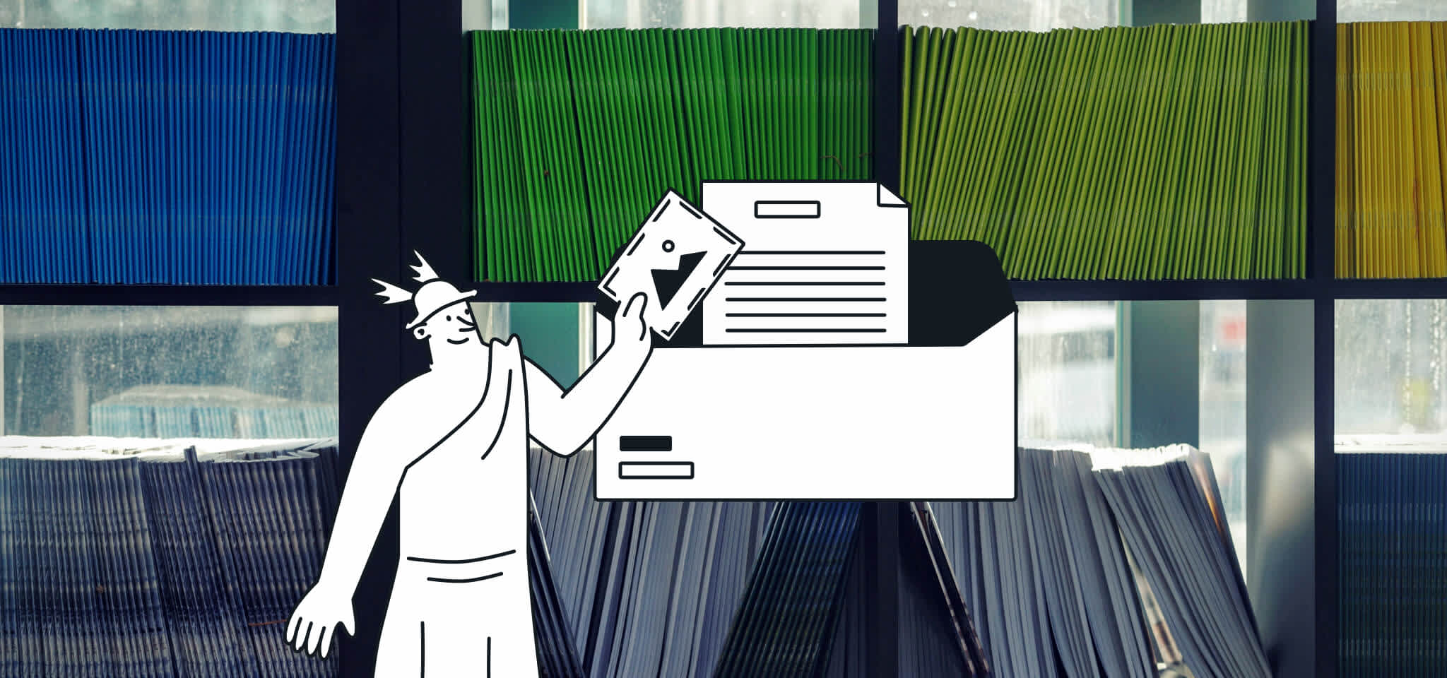 Hermes putting image in an envelope