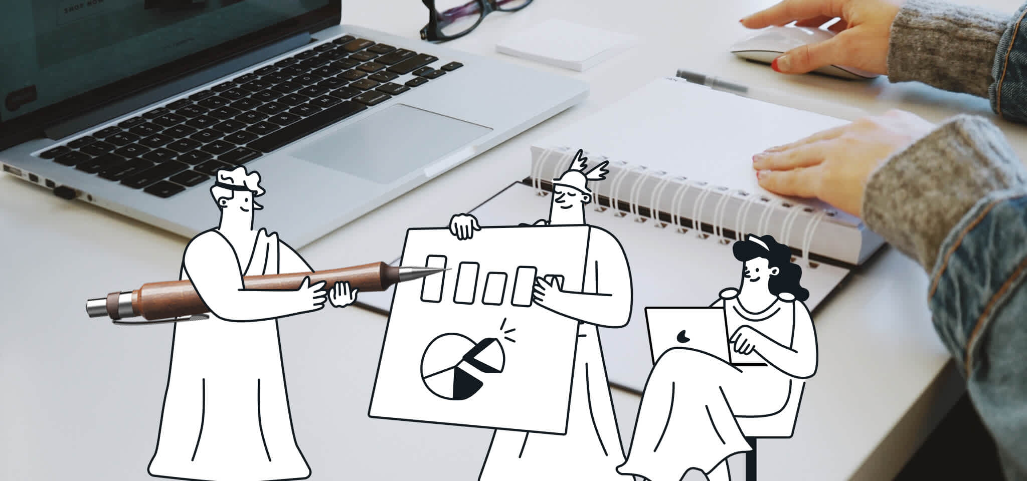 Hermès et d'autres dieux analysent les statistiques devant une table