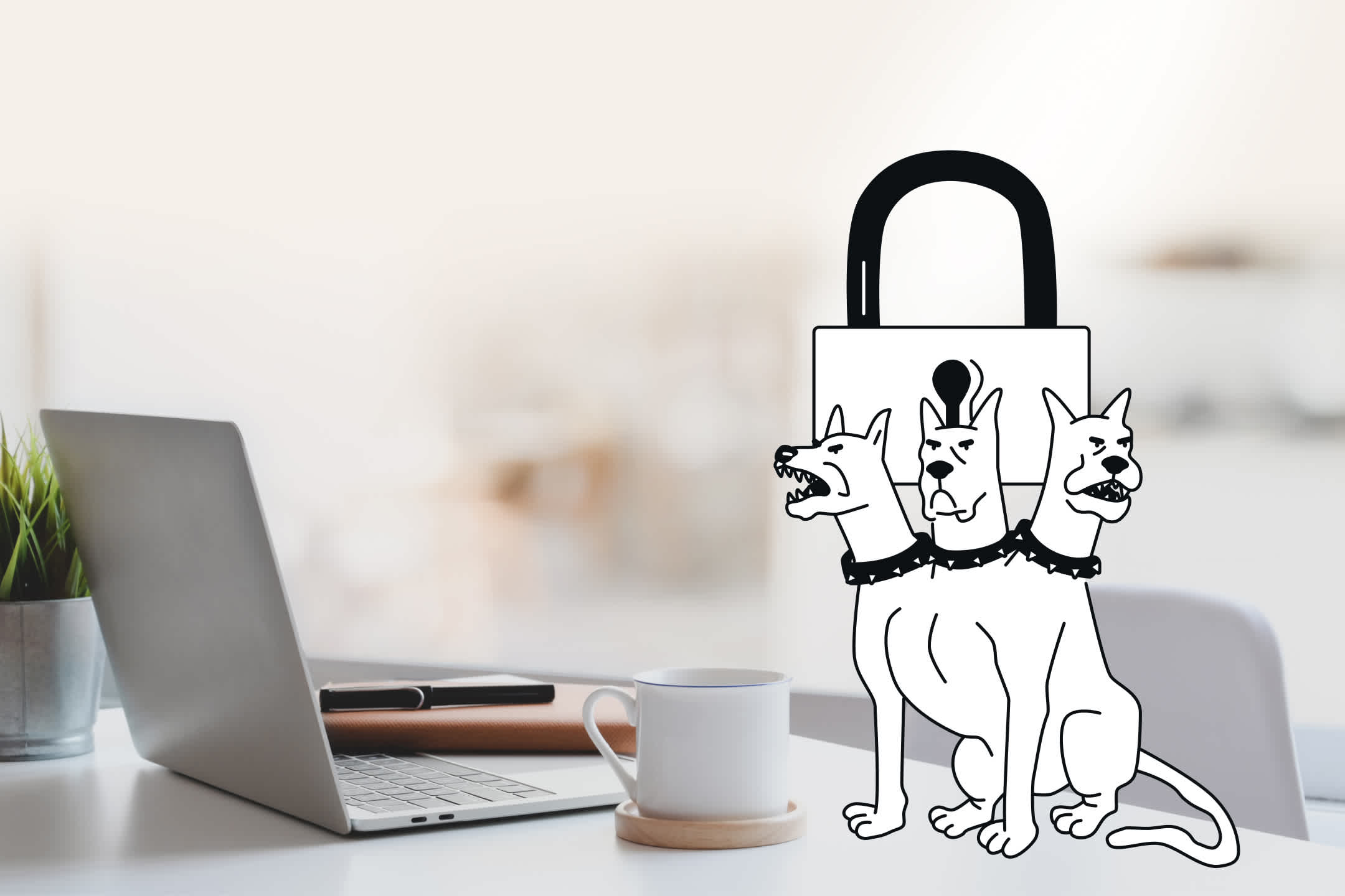 Cerberus with a lock in front of a computer