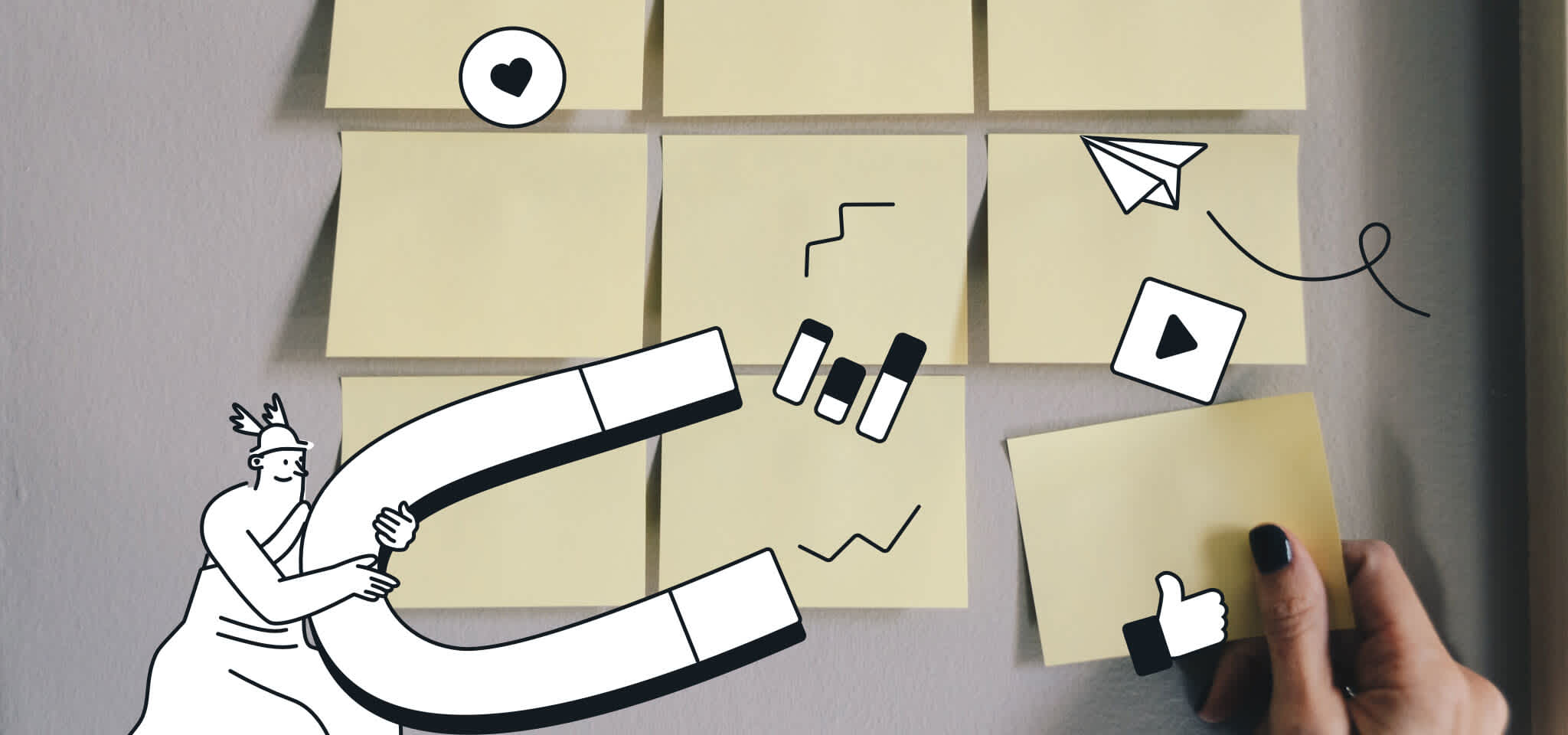 Hermes attracts icons with a giant magnet in front of post-its