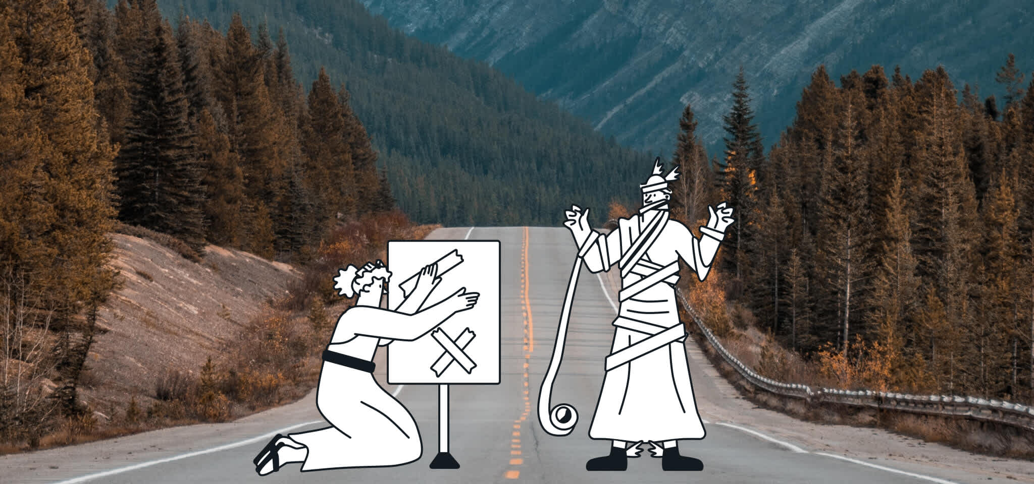 Hermes is tangled up with tape while helping a Goddess to fix a sign on a road in the forest