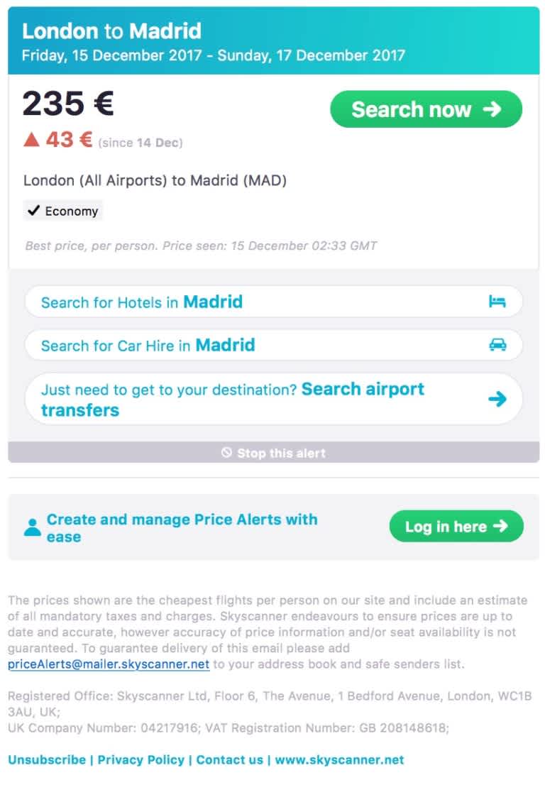 Price rise London to Madrid