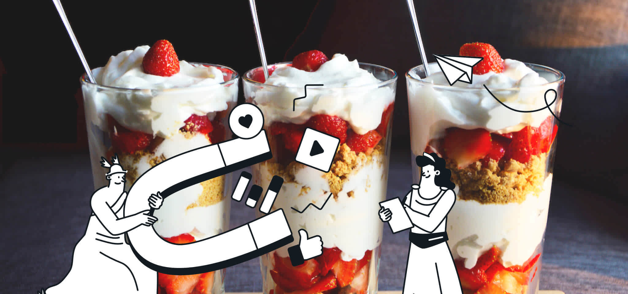 Hermes and a Goddess are testing a magnet in front of some sundaes