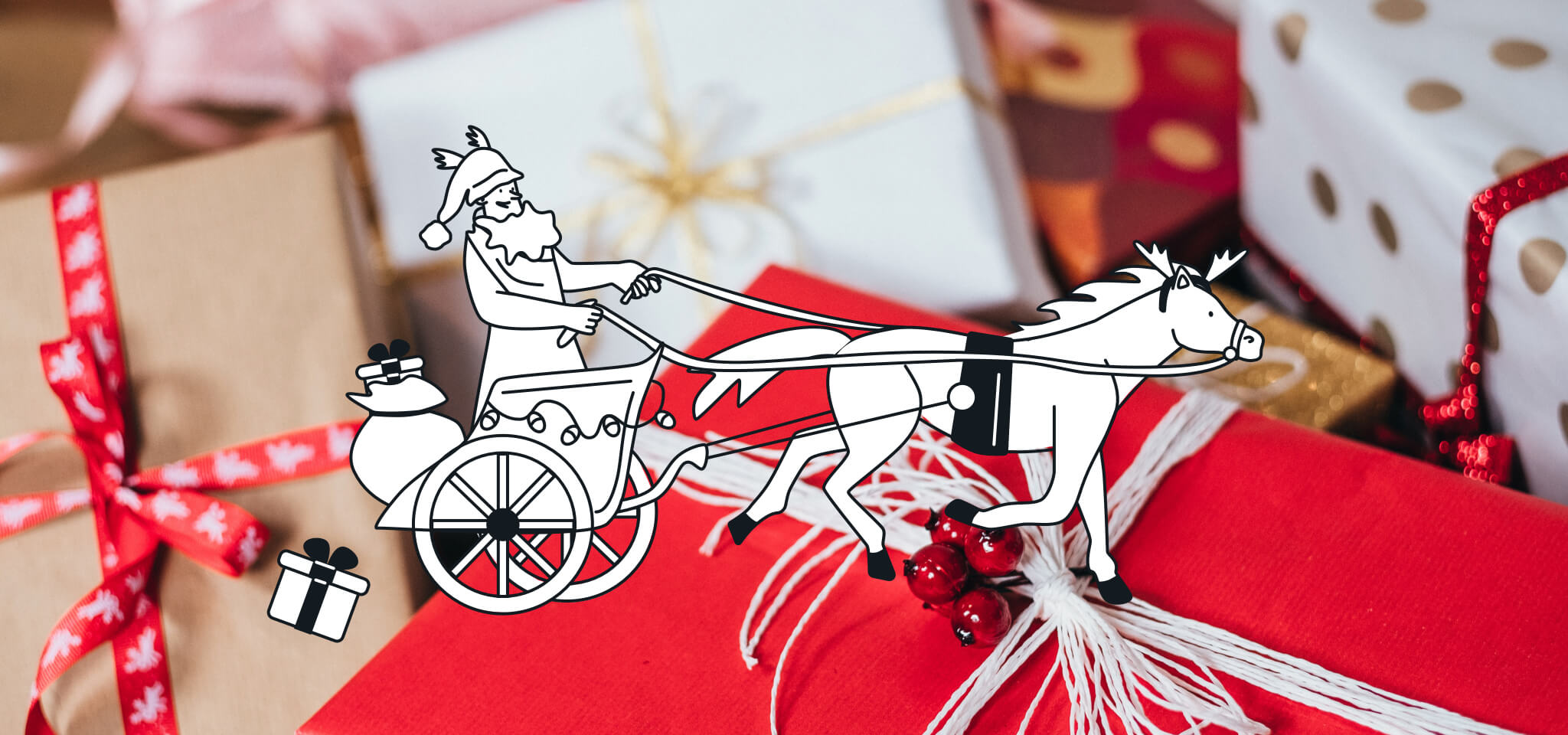 Hermes riding Santa's sleigh in front of presents
