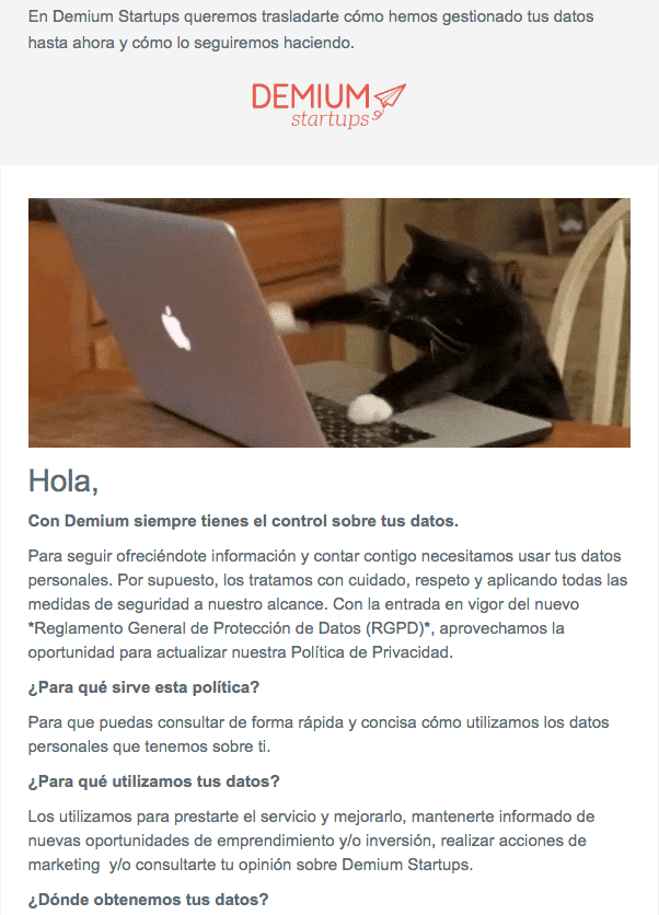 Ejemplo de email política de privacidad demium startups