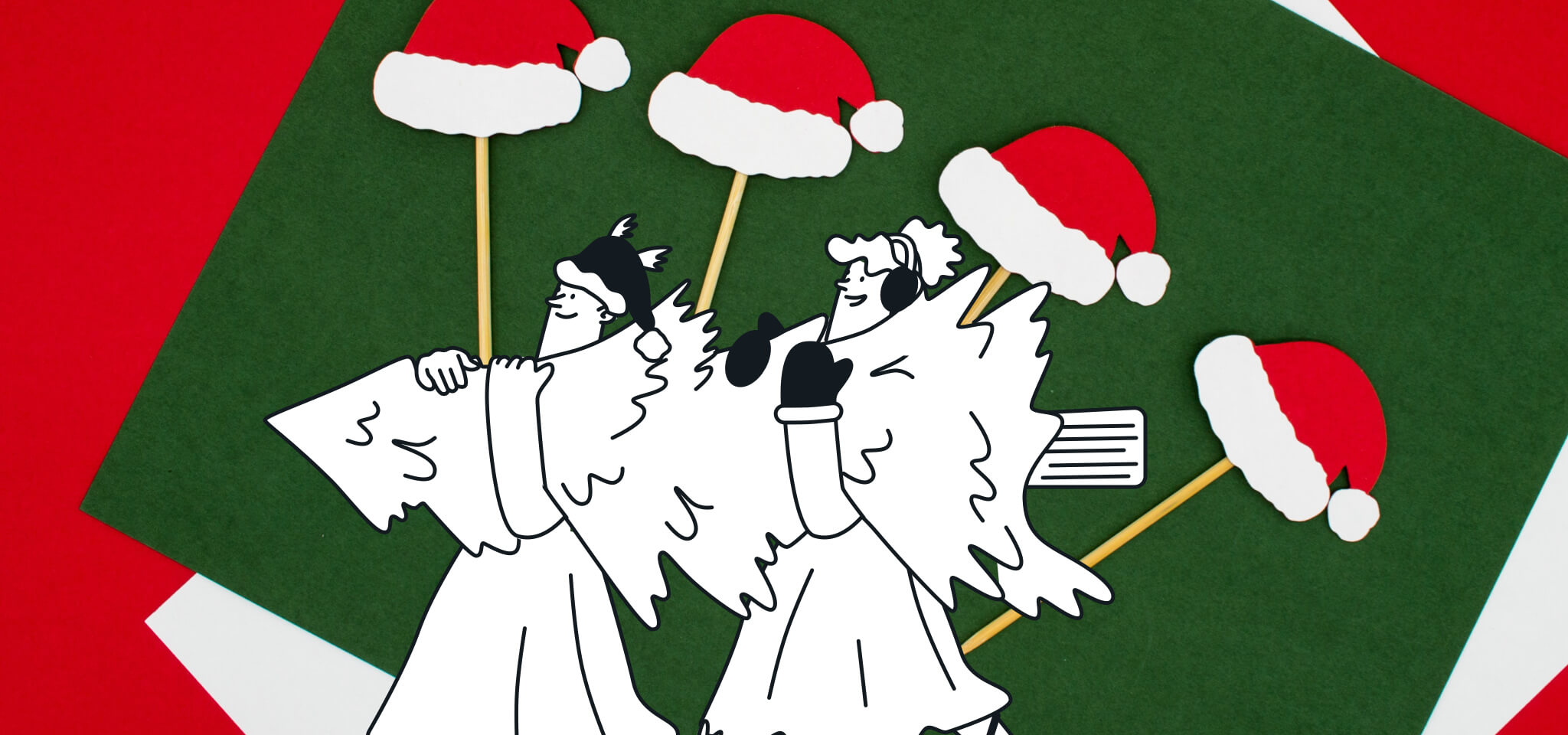 Hermes und eine Göttin tragen einen Weihnachtsbaum vor den Weihnachtsmannmützen