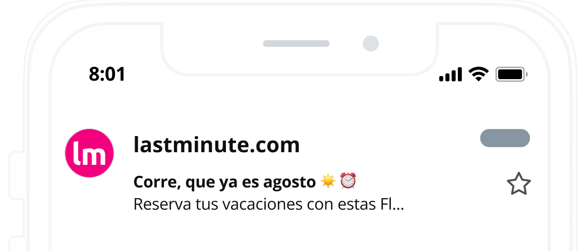 Ejemplo de línea de asunto con emojis de lastminute.com: Corre, que ya es agosto (emoji de sol) (emoji de reloj)