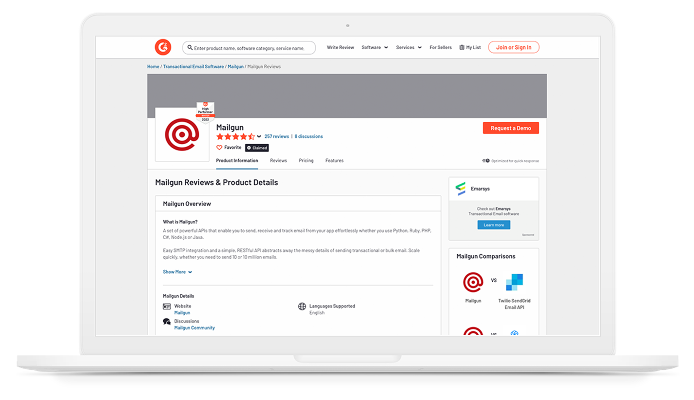 Commentaires sur Mailgun dans G2 Crowd.