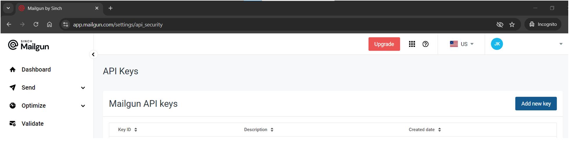 Add new key to add a new API key screen