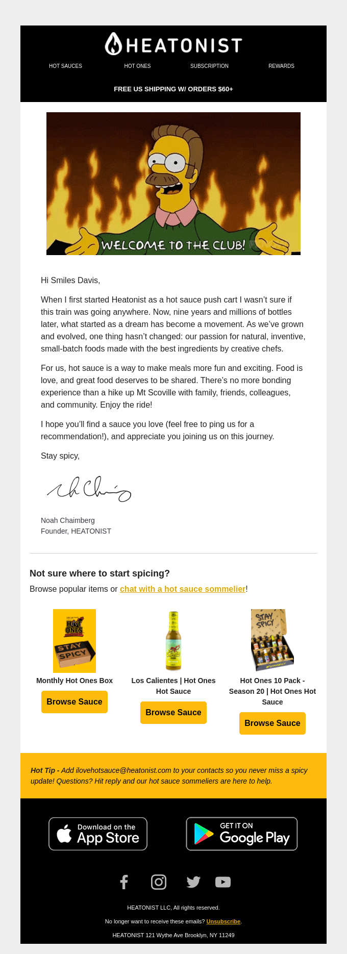 Welcome email example with Ned Flanders and hot sauce