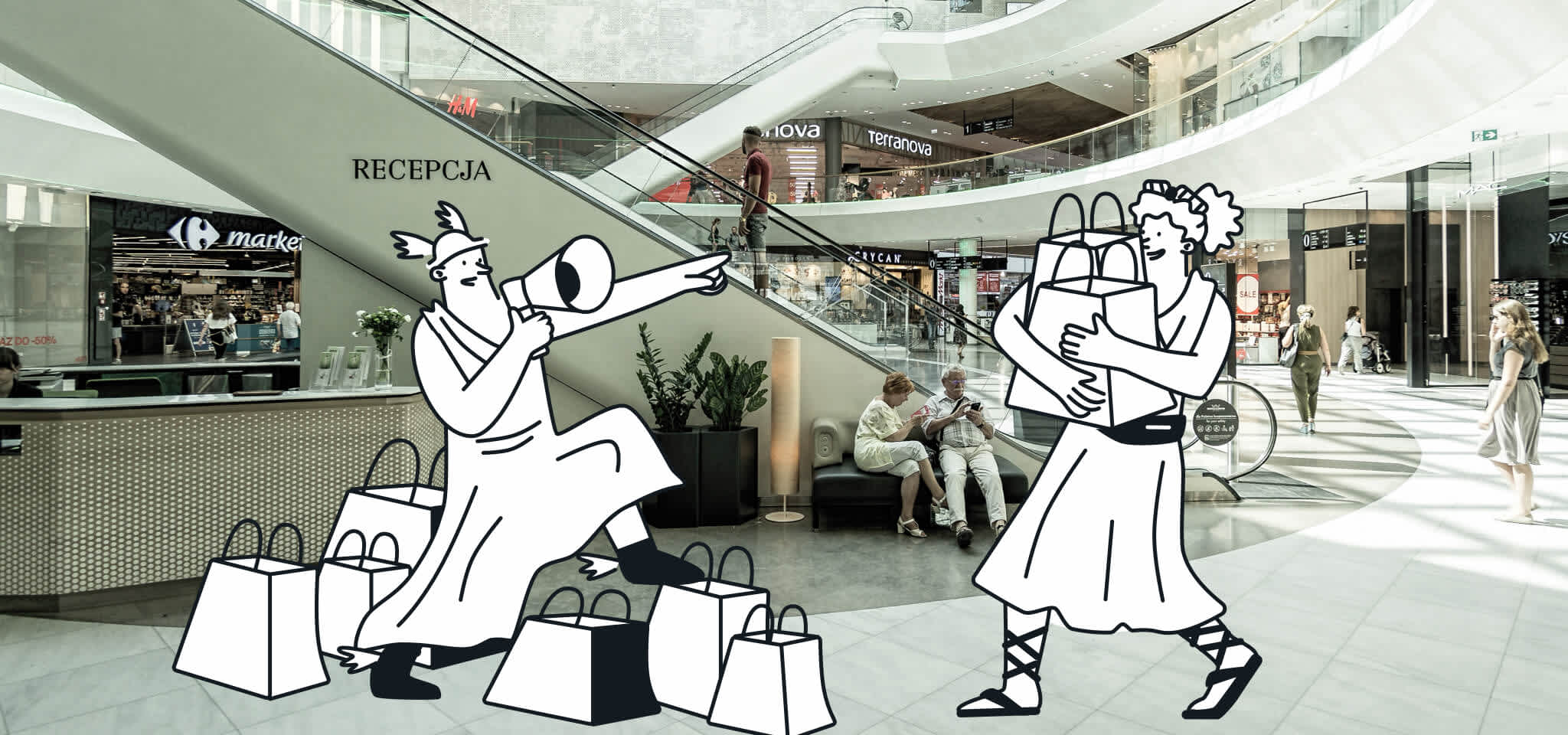 Hermès et une déesse faisant du shopping dans un centre commercial