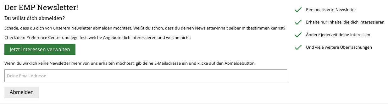 Newsletter-Abmeldung mit der Möglichkeit zur Personalisierung bei EMP