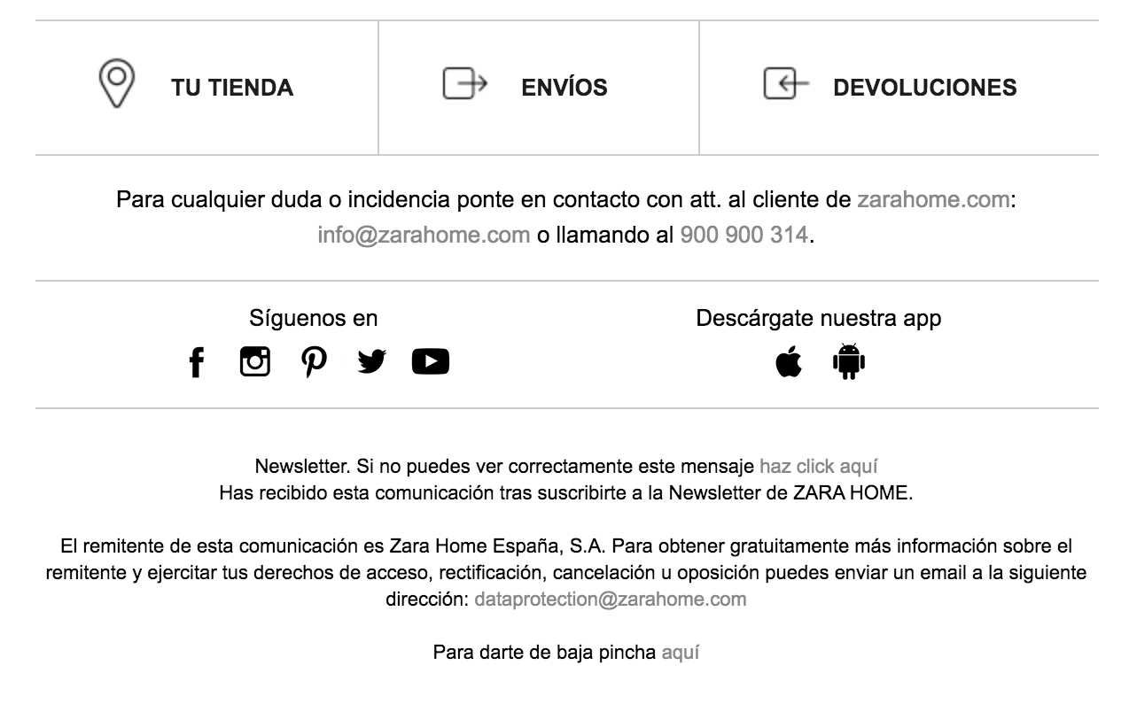 Pie de email Zara