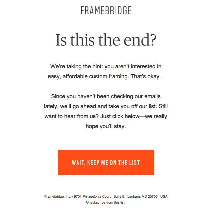 An example of a reactivation email campaign from Framebridge