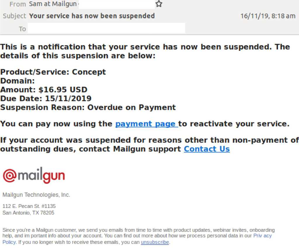 Captura de pantalla de un email que muestra un intento de phishing por parte de alguien que se hace pasar por el equipo de renovaciones de Mailgun.