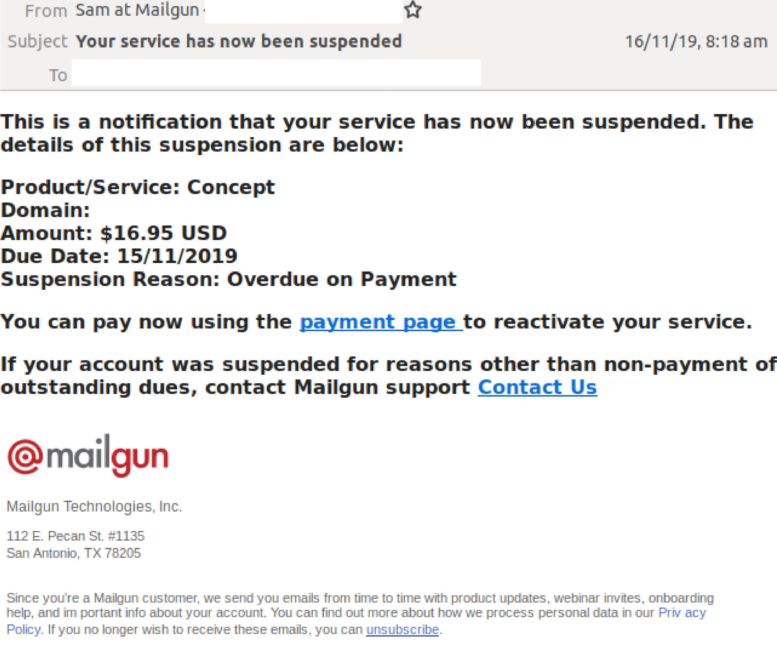Capture d’écran d’un email montrant une tentative d’hameçonnage de la part d’une personne se faisant passer pour l’équipe de renouvellement d’abonnements de Mailgun.