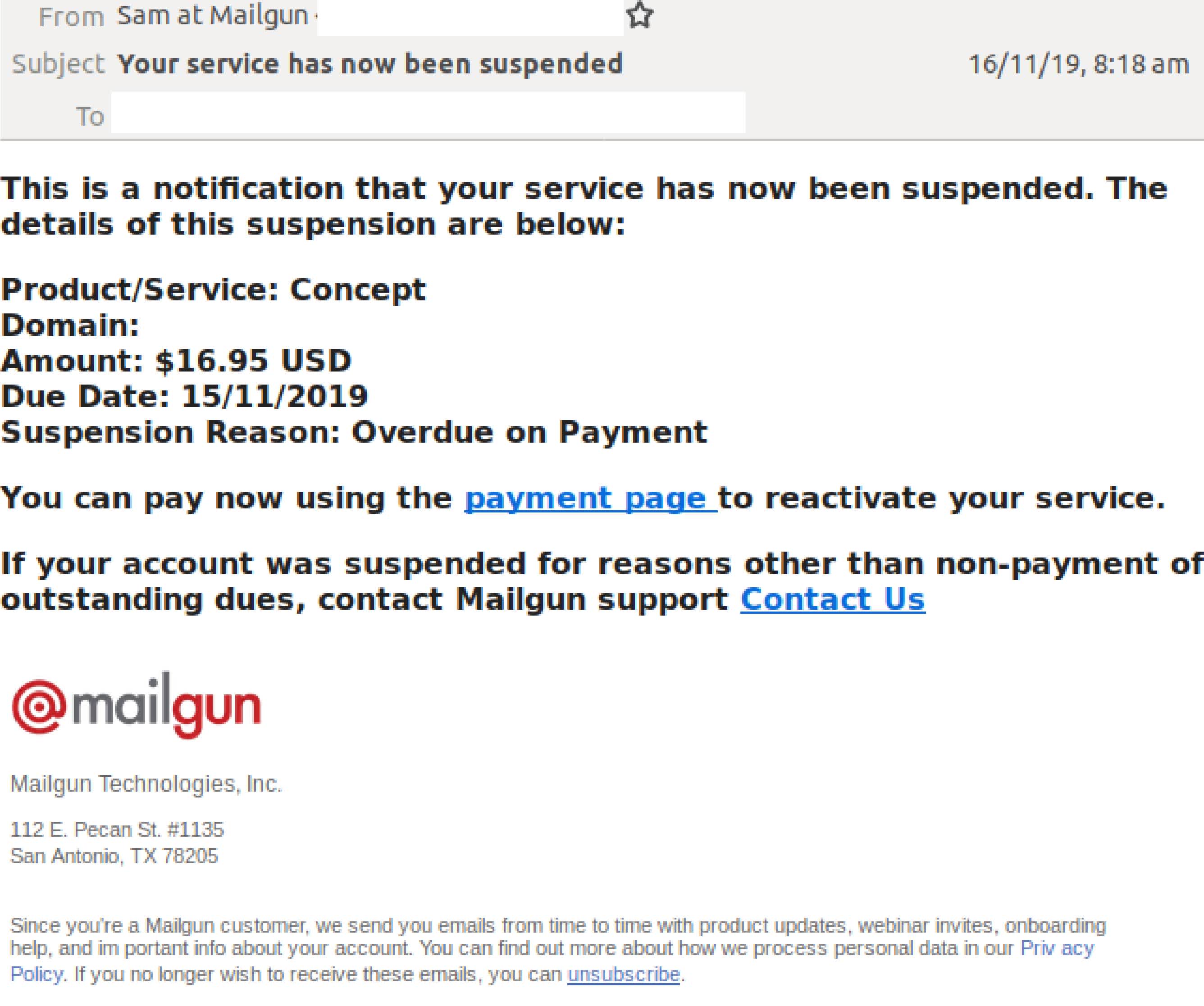 Screenshot einer Phishing-E-Mail von jemandem, der sich als Mailgun Renewal-Team ausgibt.