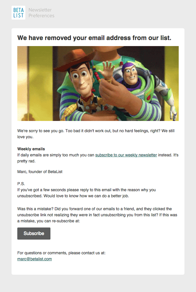 Email de cancelación de suscripción de Beta List con sugerencias a otras de sus newsletters.