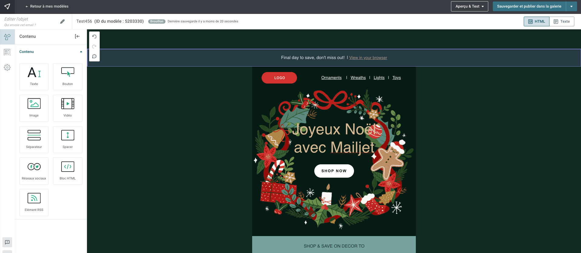 Capture d’écran de l’interface de création d’email de Mailjet avec un modèle de fêtes
