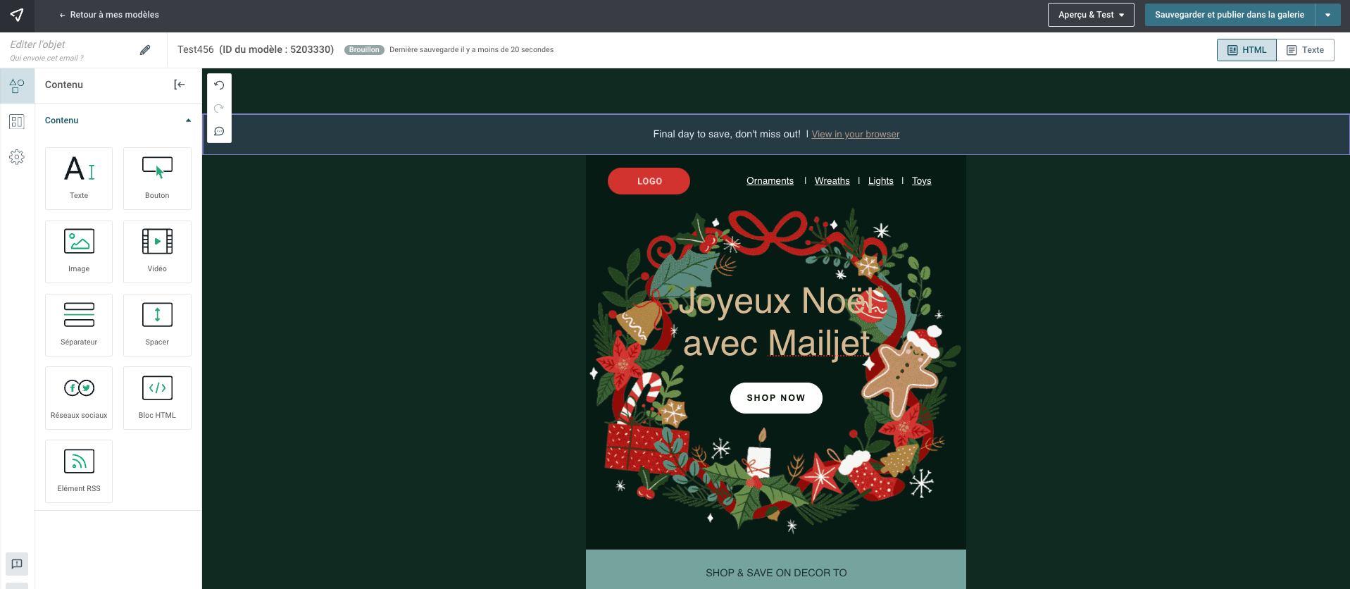 Capture d’écran de l’interface de création d’email de Mailjet avec un mod�èle de fêtes