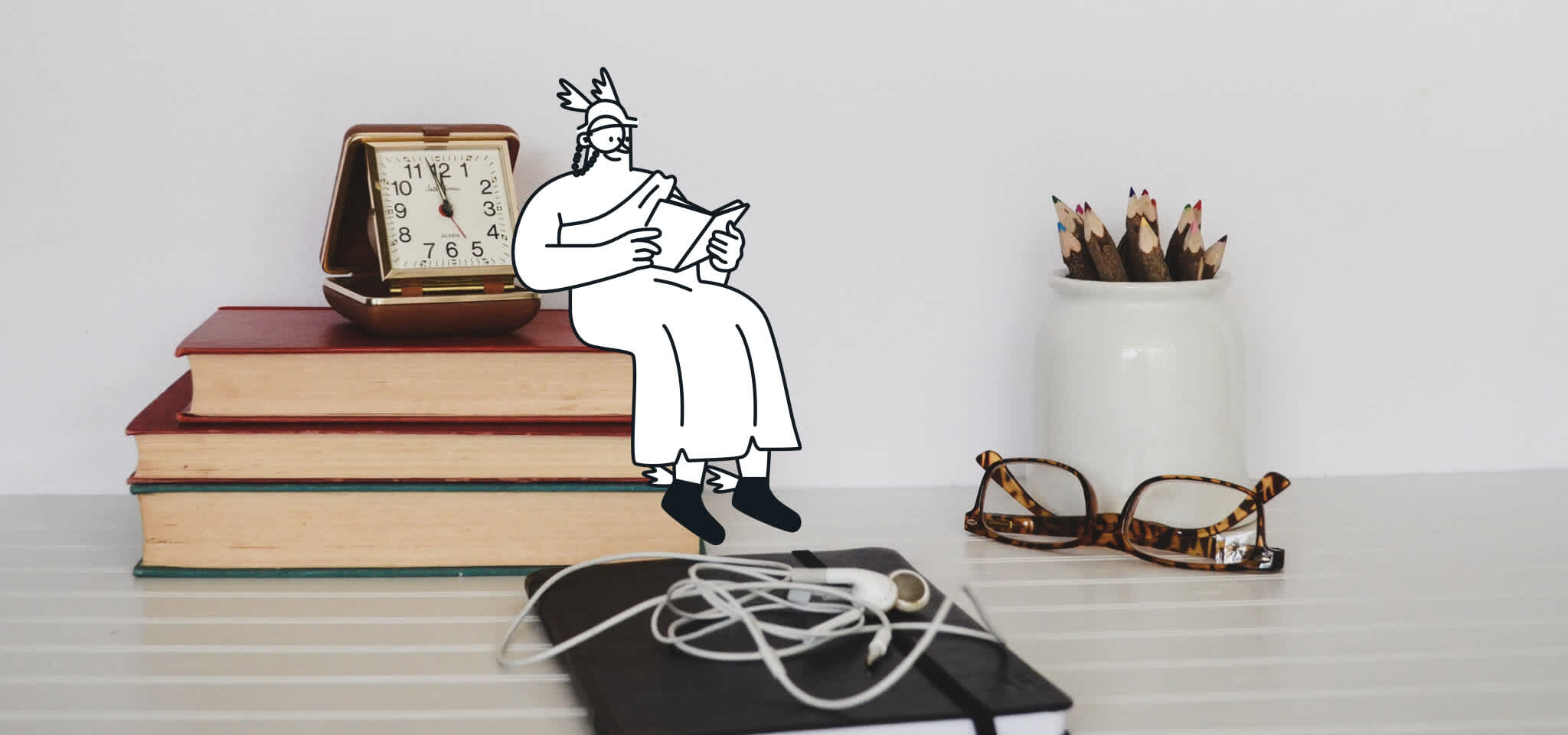 Hermès lisant assis sur des livres