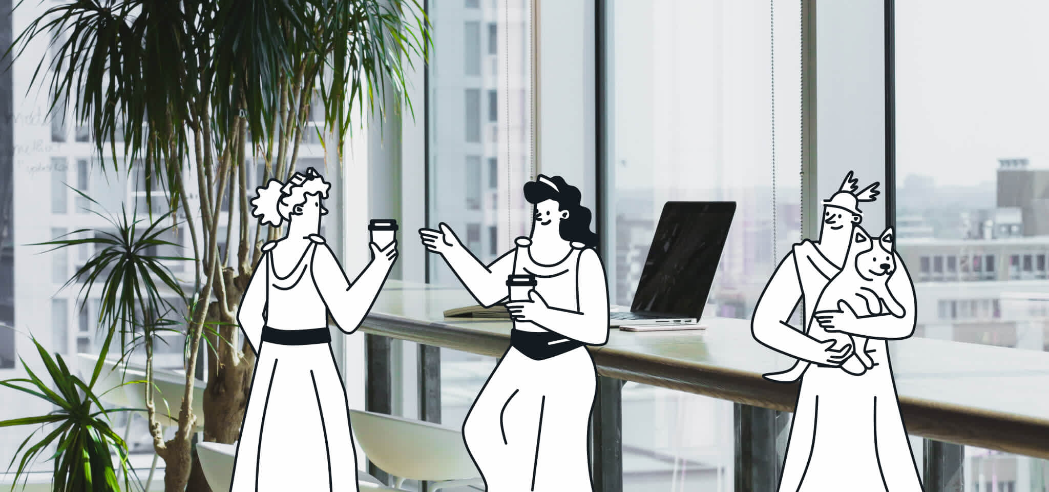 Goddesses chatting, Hermes Holding a dog