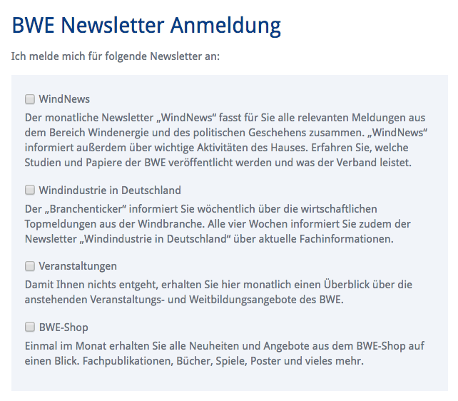 Beispiel dafür, wie man die Einwilligung für mehrere Newsletter erhält von WindNews.