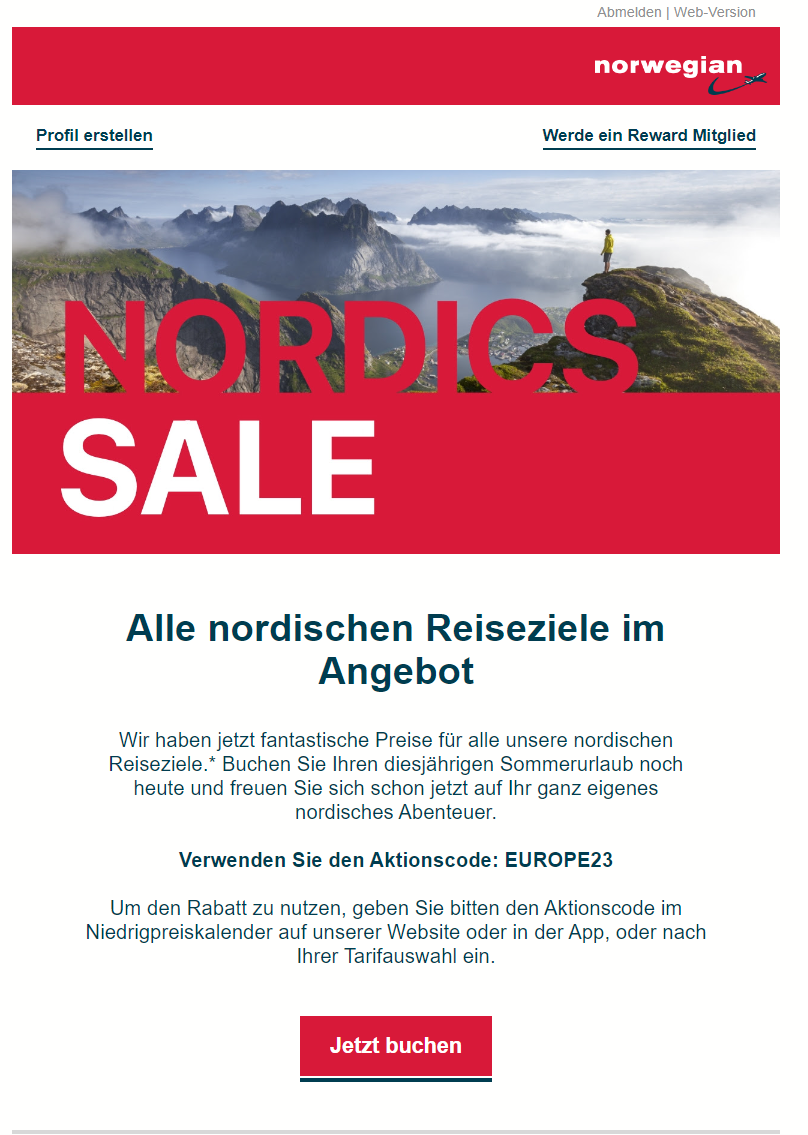 Personalisierte E-Mail von Norwegian mit Reisezielen, die zu vorherigen Reisen passen