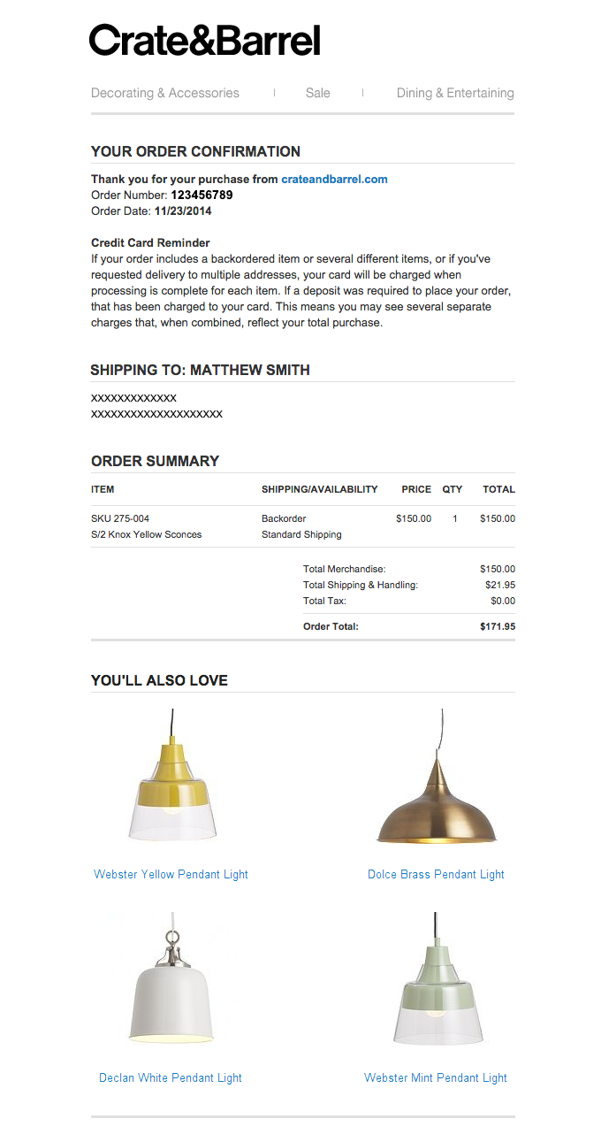 Purchase confirmation from Crate&Barrel with upsell options