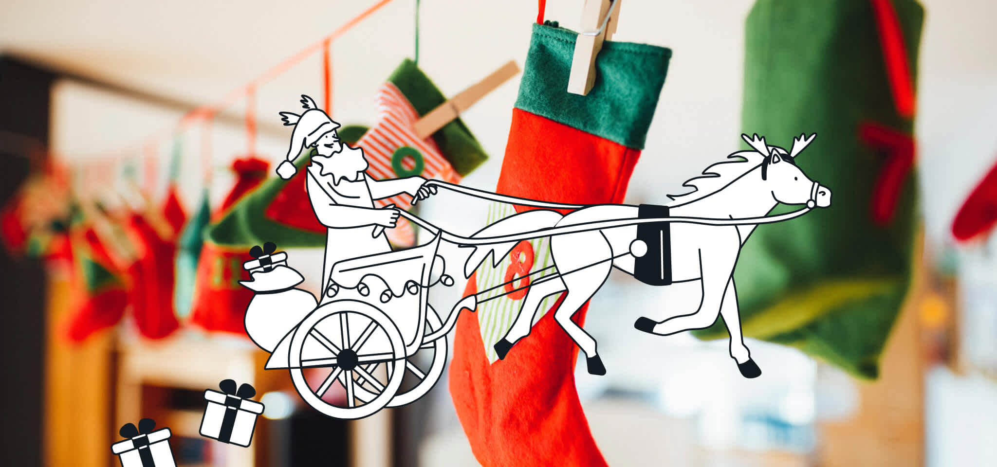 Hermes in Santa's sleigh in front of some socks