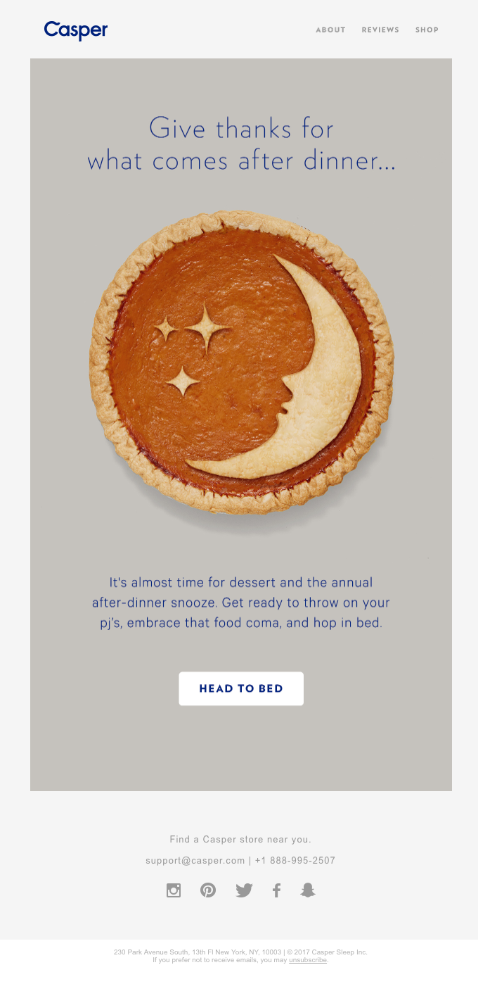 Thanksgiving email with pumpkin pie decorated with crescent moon.