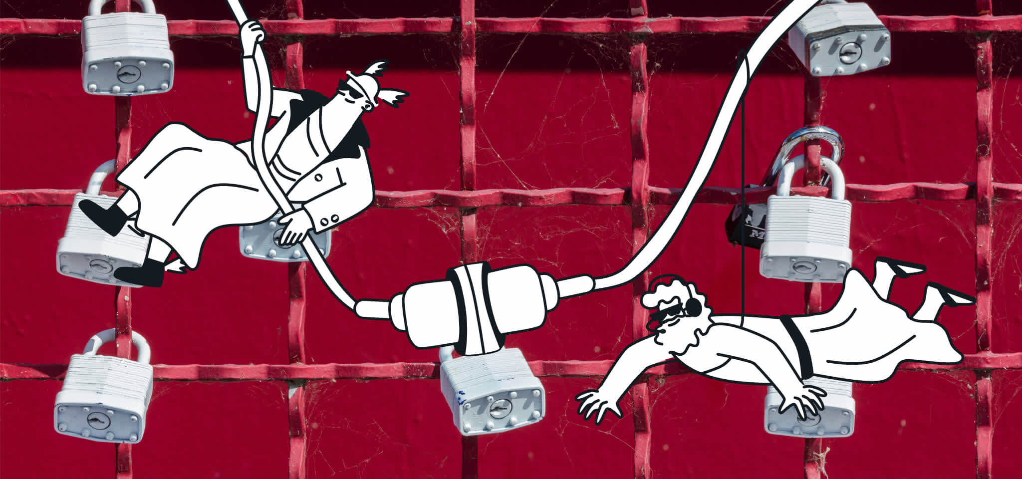 Hermes and a God hang from a cable in front of some locks