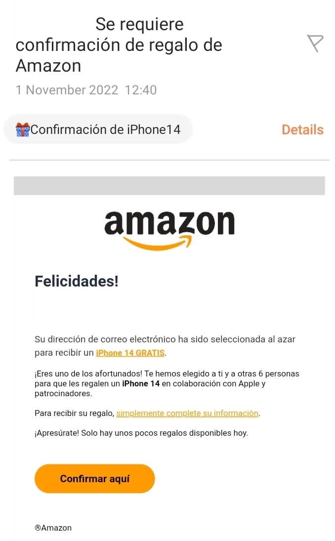 Captura de pantalla con un ataque de phishing. Texto en español con CTA.