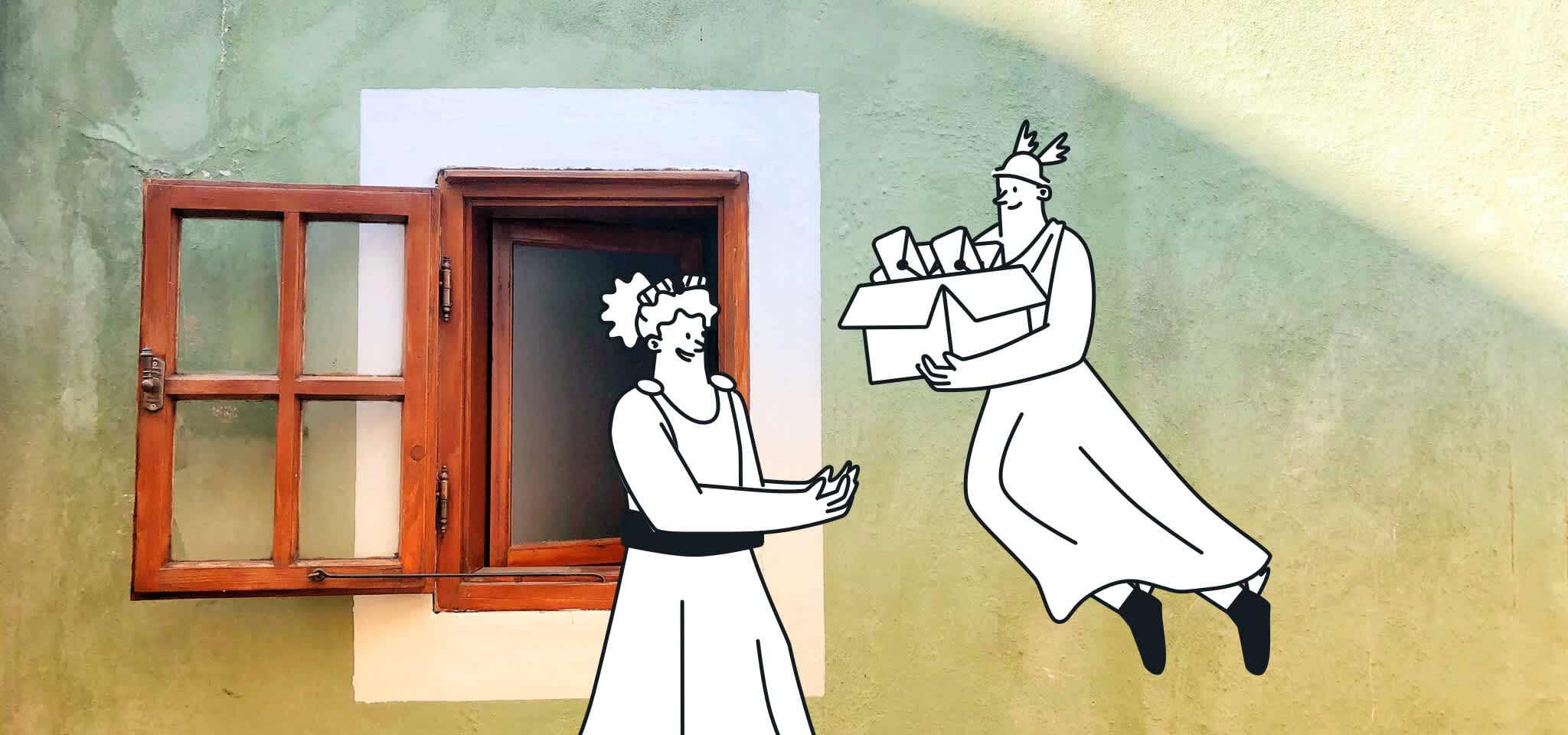 Hermes carries a box of letters to a Goddess in front of a wooden window