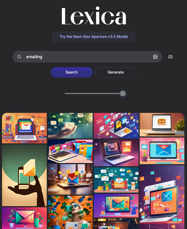 Capture d’écran des premiers résultats fournis par Lexica Art pour la demande « emailing »