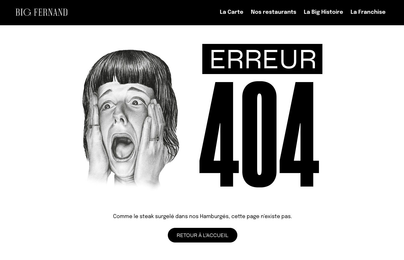Un exemple de landing page d'erreur 404 avec Big Fernand