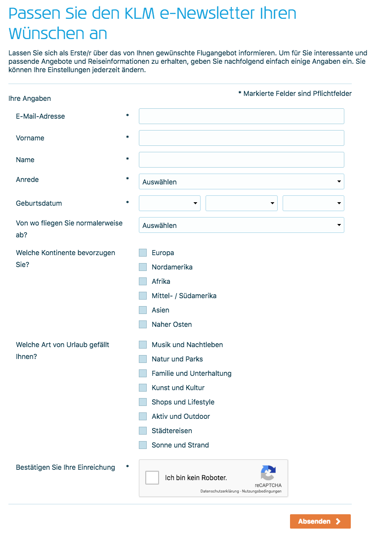 Formular zur Personalisierung des Newsletters bei KLM