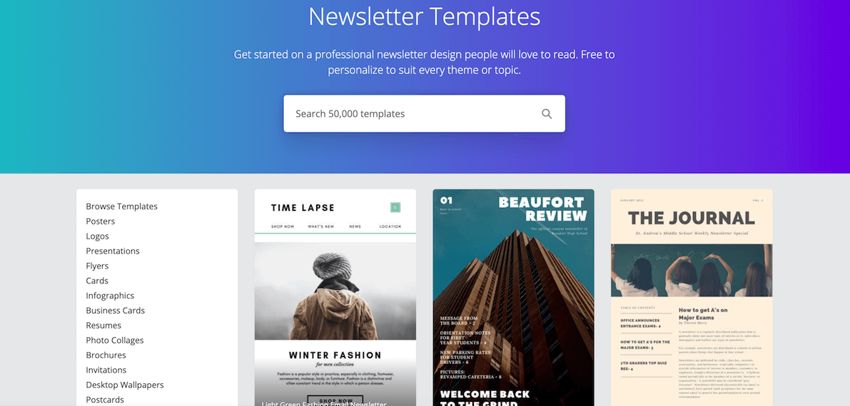 Newsletter templates from Canva photo editing software.