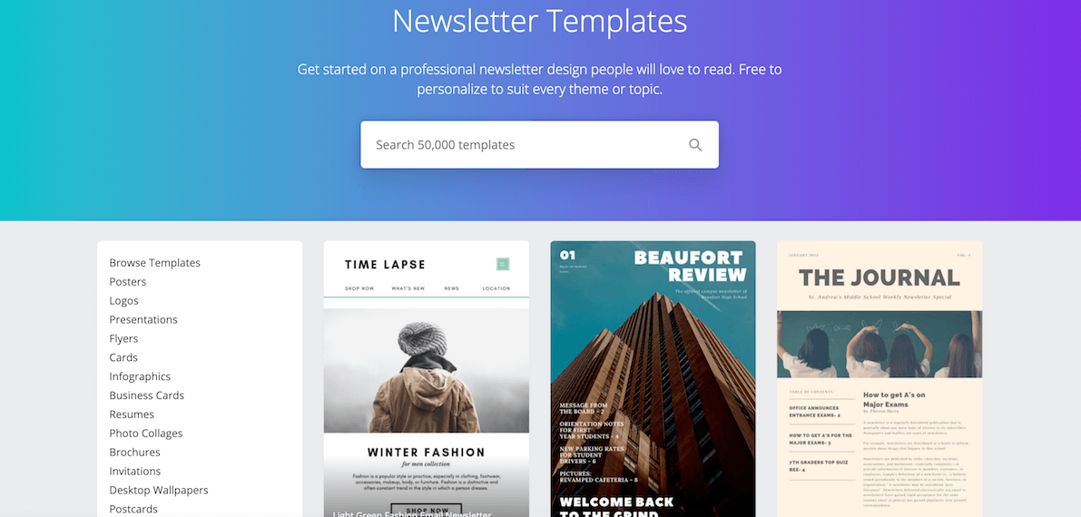 Newsletter templates from Canva photo editing software.